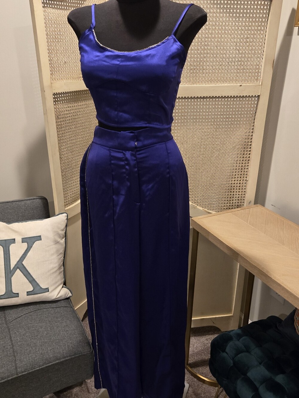 Satin Wide-Leg Jumpsuit in Deep Blue
